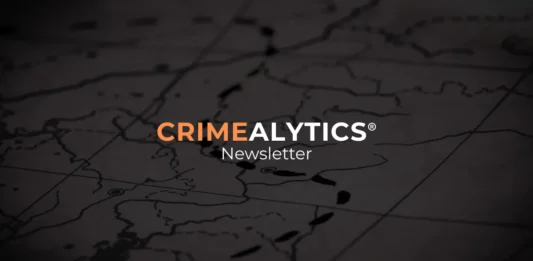 Crimealytics newsletter page featured image with logo over a dark map background
